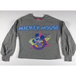 Disney Mickey Mouse Club Retro 90s Cropped Sweatshirt Gray Neon Balloon Sleeve